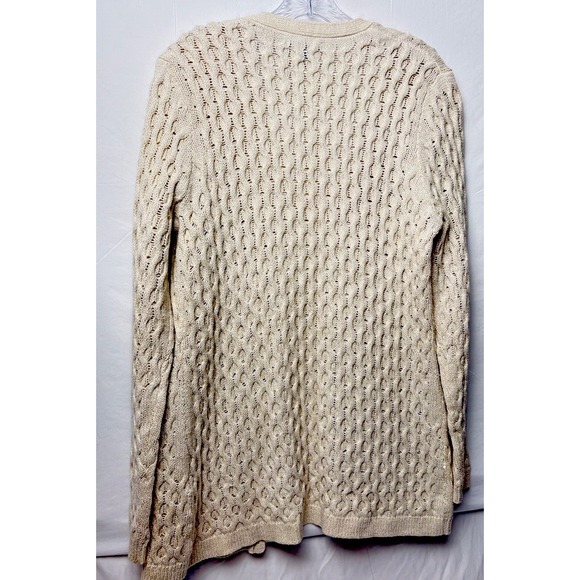 Land's End Women's M Cable Knit Long Cardigan Sweater Beige Oatmeal Button Front - Picture 3 of 11
